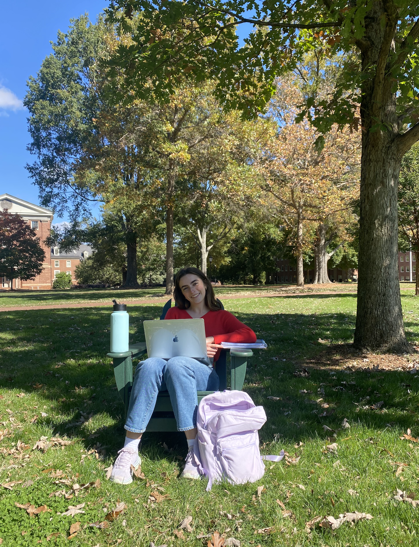 Female sitting in chair under tree on sunny day