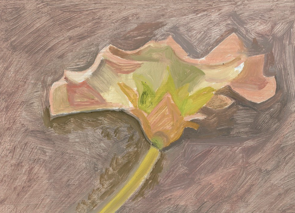 Lois Dodd, ‘Hollyhock Flower’, 2018, Oil on aluminum flashing, 5 x 7” in.